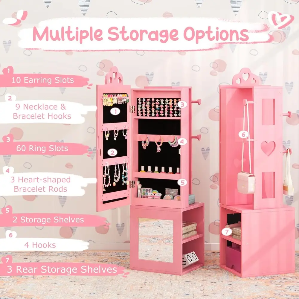 Kids Vanity & Jewelry Armoire Cabinet, Wooden Vanity Table and Chair Set, Standing Jewelry Organizer with Full-Length Mirror, L
