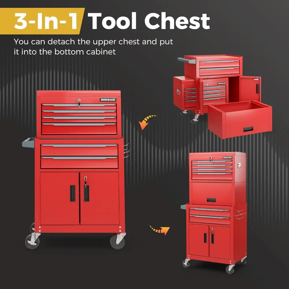 Tool Chest, 6 Drawers 3-in-1 Extra Large Tool Storage Cabinet with 4” Universal Lockable Wheels, Auto Lock, Protective Liner, H
