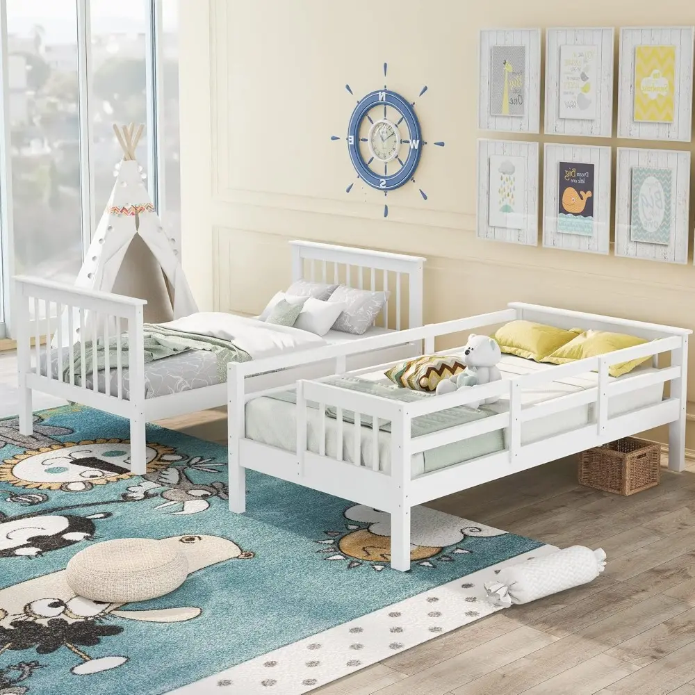 Harper & Bright Designs Wood Bunk Beds with Stairs, Twin Over Twin Bunk Bed with Storage Shelf & Full Length Guardrail, No Box S