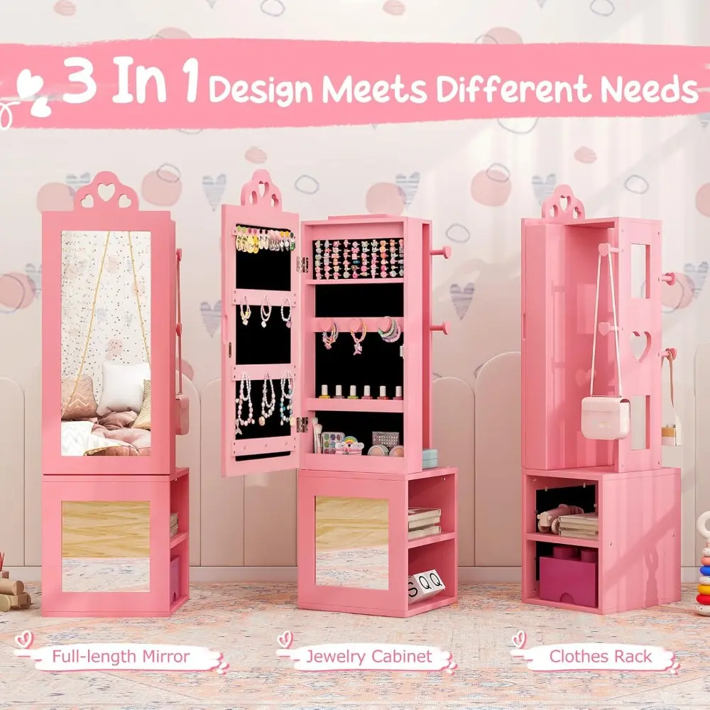 Kids Vanity & Jewelry Armoire Cabinet, Wooden Vanity Table and Chair Set, Standing Jewelry Organizer with Full-Length Mirror, L