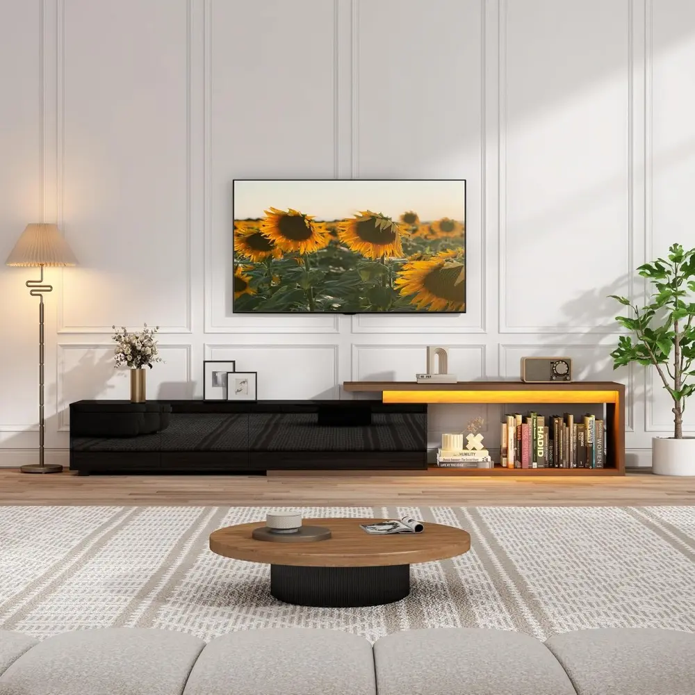 Extendable TV Stand with LED Light, Modern Entertainment Center for up to 120 Inch TV, Wood TV Media Console with 2 Drawers & 2