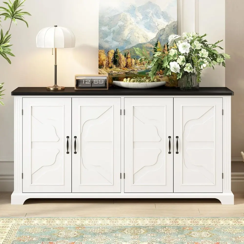 63" Farmhouse Sideboard Buffet Cabinet with Storage,Solid Wood Rustic Sideboard with Doors, Adjustable Shelves Modern Accent Cab