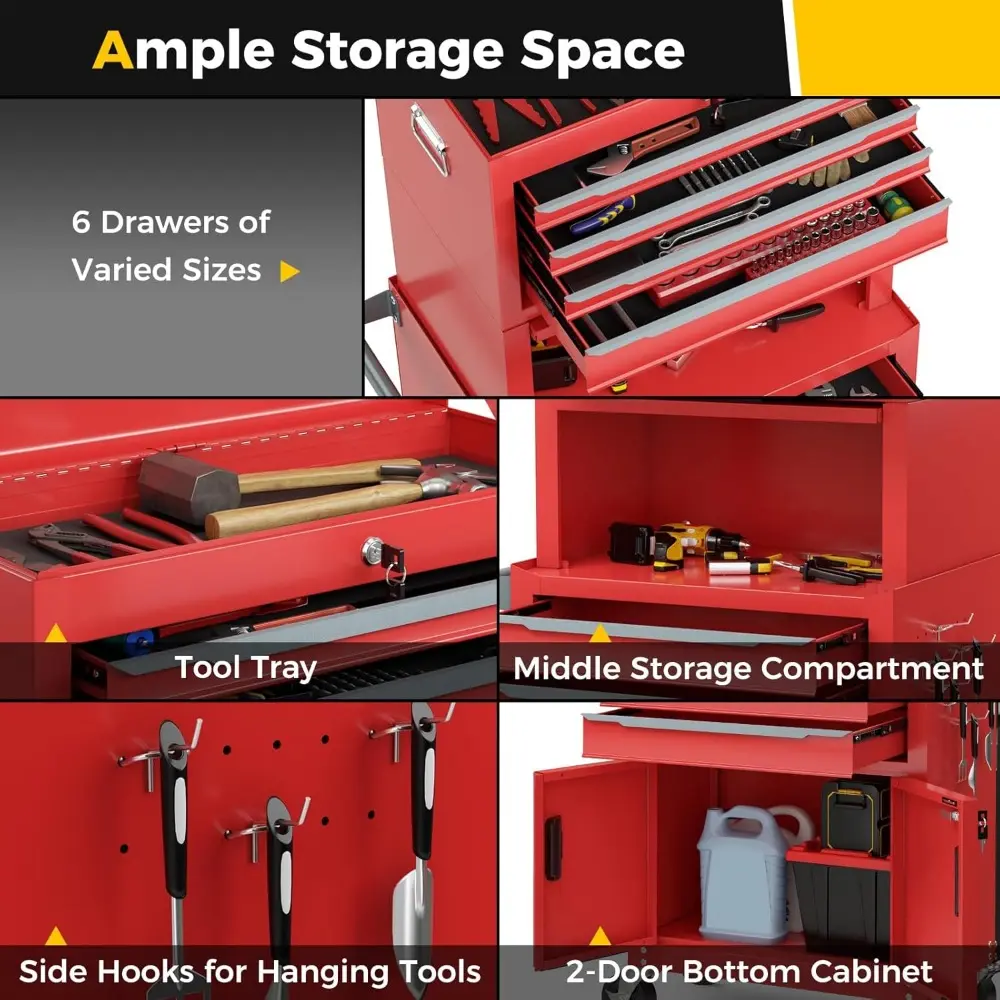 Tool Chest, 6 Drawers 3-in-1 Extra Large Tool Storage Cabinet with 4” Universal Lockable Wheels, Auto Lock, Protective Liner, H