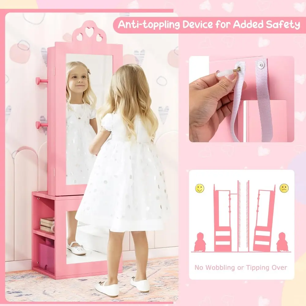 Kids Vanity & Jewelry Armoire Cabinet, Wooden Vanity Table and Chair Set, Standing Jewelry Organizer with Full-Length Mirror, L
