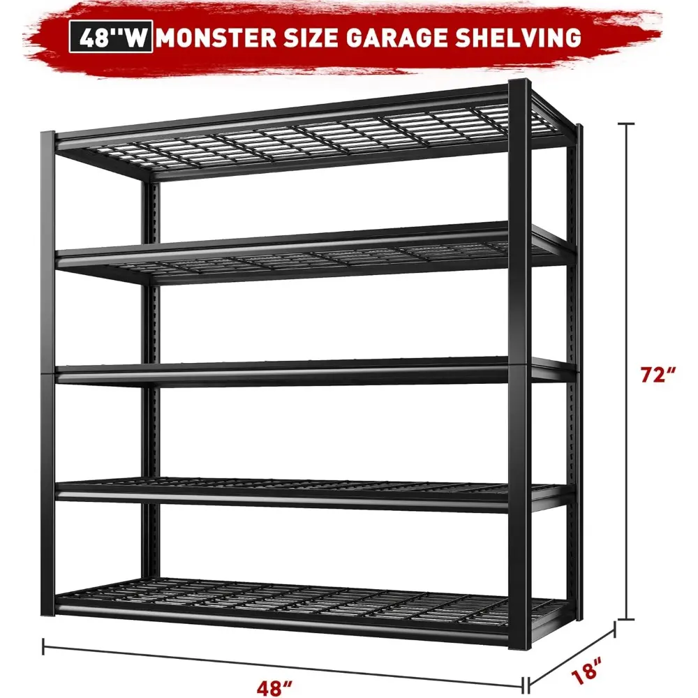 48" W Garage Shelving Heavy Duty Load 2500LBS, 5 Tier Storage Shelves, Adjustable Metal Shelves for Warehouse, Pantry, Basement