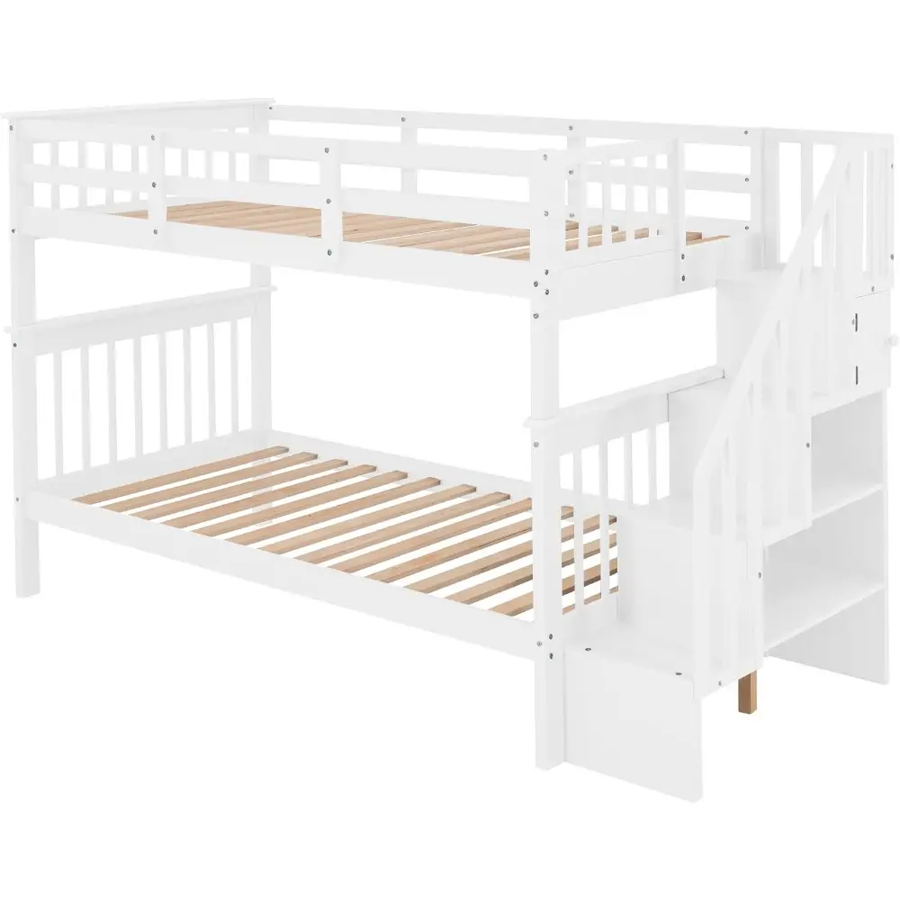 Harper & Bright Designs Wood Bunk Beds with Stairs, Twin Over Twin Bunk Bed with Storage Shelf & Full Length Guardrail, No Box S