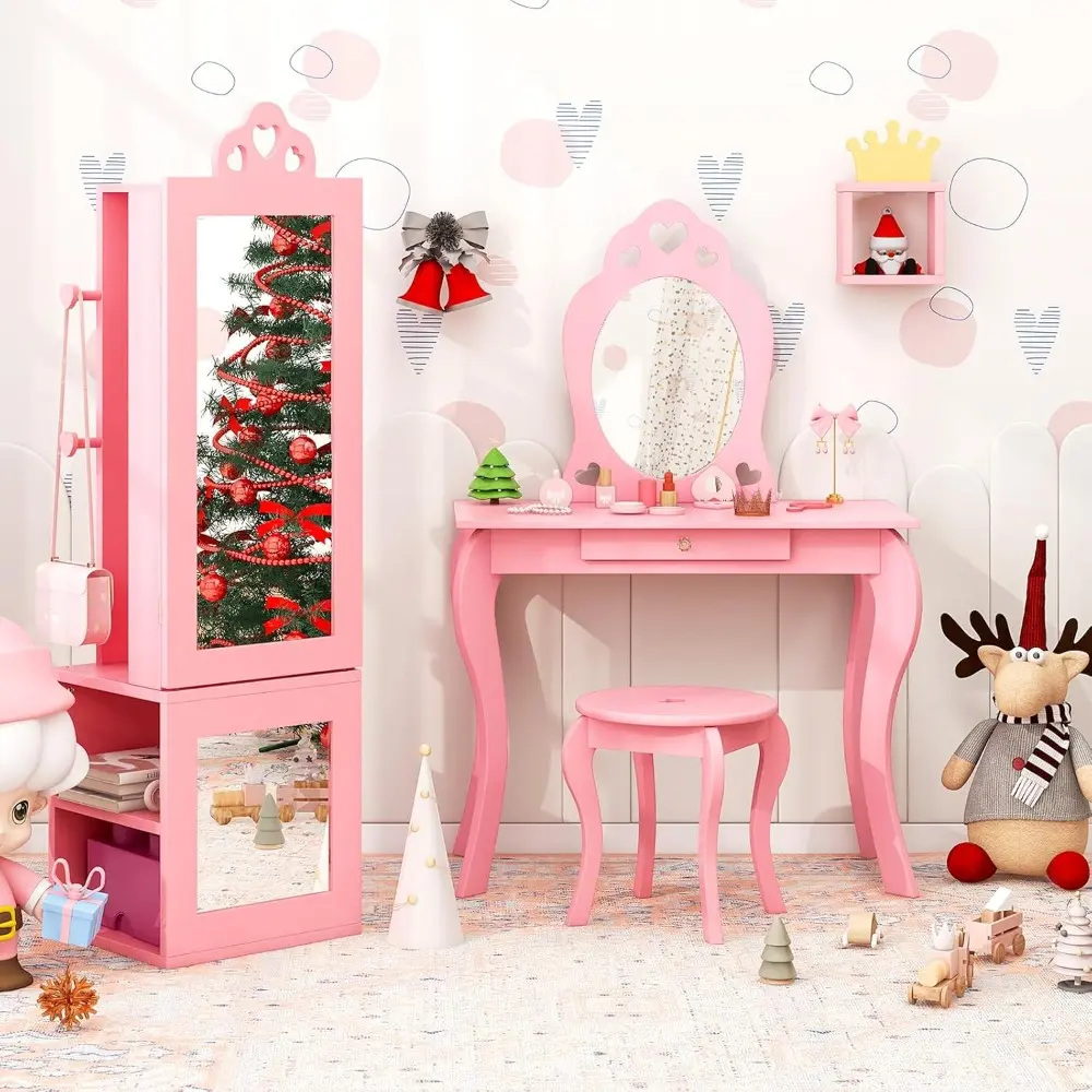 Kids Vanity & Jewelry Armoire Cabinet, Wooden Vanity Table and Chair Set, Standing Jewelry Organizer with Full-Length Mirror, L