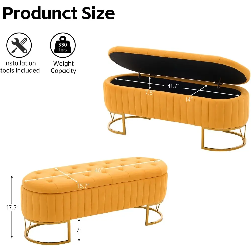 46" Tufted Upholstered Storage Ottoman Bench – Elegant Bedroom and Entryway Seating with Gold Metal Legs, Ideal for Living and D