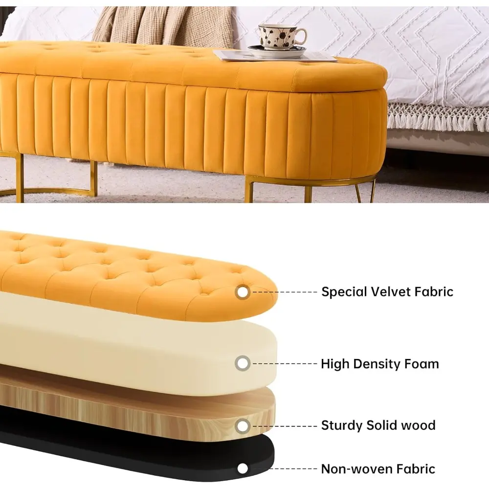 46" Tufted Upholstered Storage Ottoman Bench – Elegant Bedroom and Entryway Seating with Gold Metal Legs, Ideal for Living and D