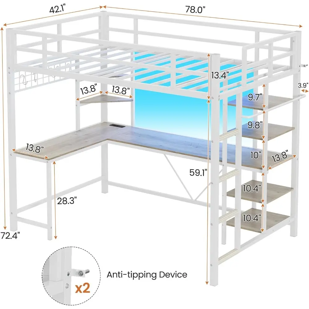MSmask Loft Bed Twin Size with L Shaped Desk, LED Lights, Charging Station, Heavy Duty Metal Loft Bed Frame with 6 Storage Shelv