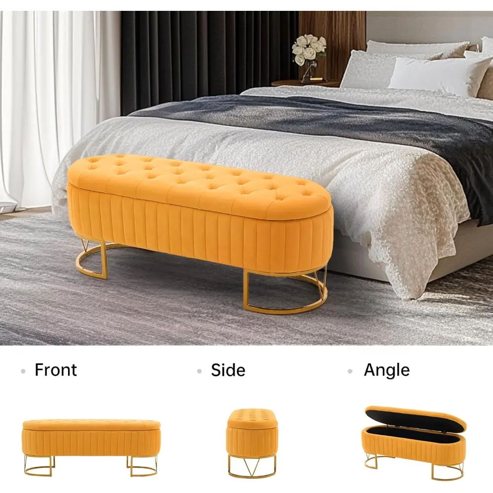 46" Tufted Upholstered Storage Ottoman Bench – Elegant Bedroom and Entryway Seating with Gold Metal Legs, Ideal for Living and D