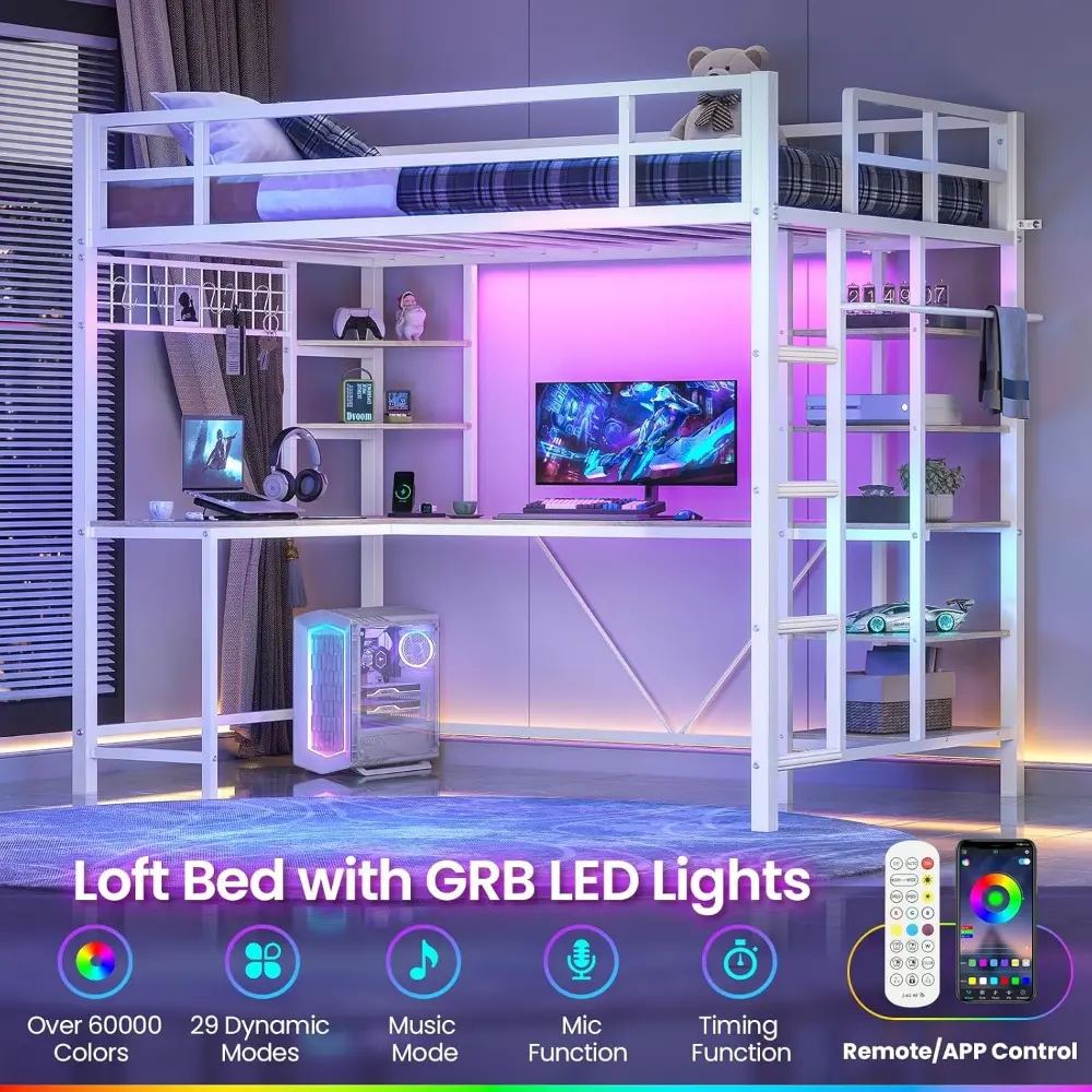 MSmask Loft Bed Twin Size with L Shaped Desk, LED Lights, Charging Station, Heavy Duty Metal Loft Bed Frame with 6 Storage Shelv