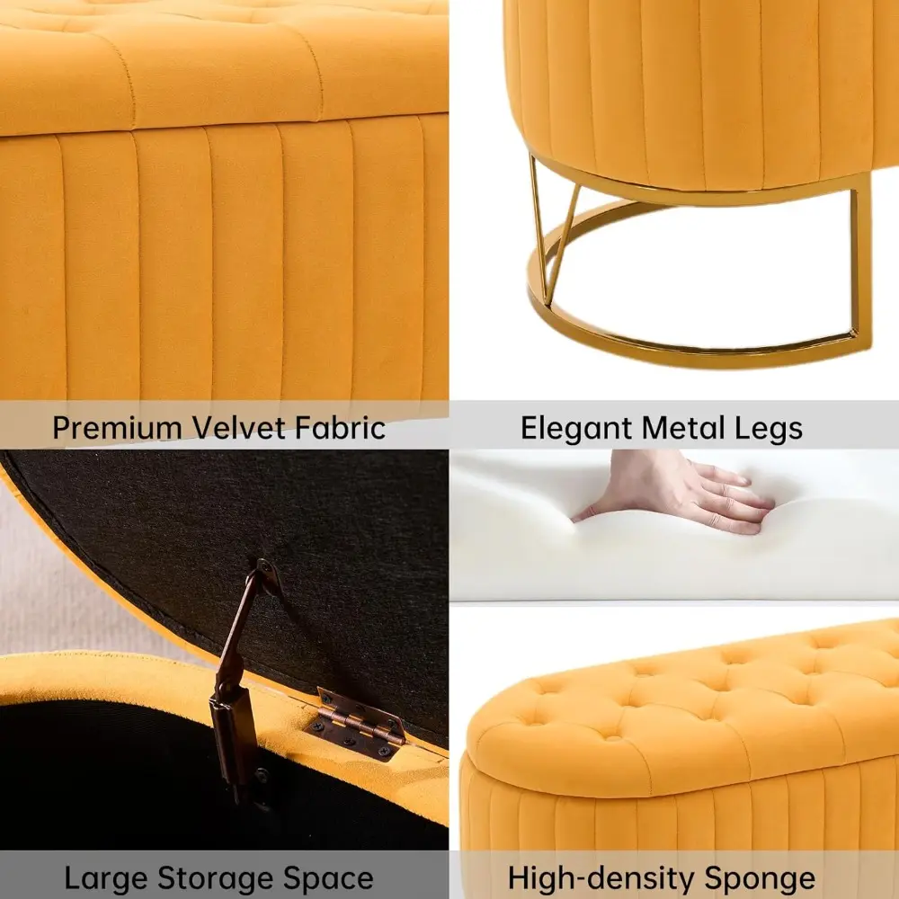 46" Tufted Upholstered Storage Ottoman Bench – Elegant Bedroom and Entryway Seating with Gold Metal Legs, Ideal for Living and D