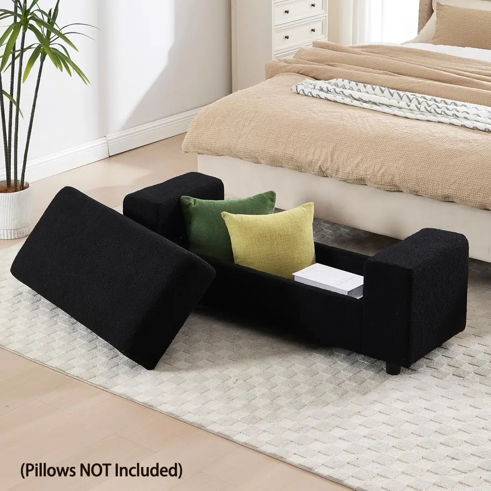 Teddy Storage Ottoman Bench for Bedroom, Comfy Boucle End of Bed Bench with Large Hidden Storgae Space, 55 inches Window Bench f