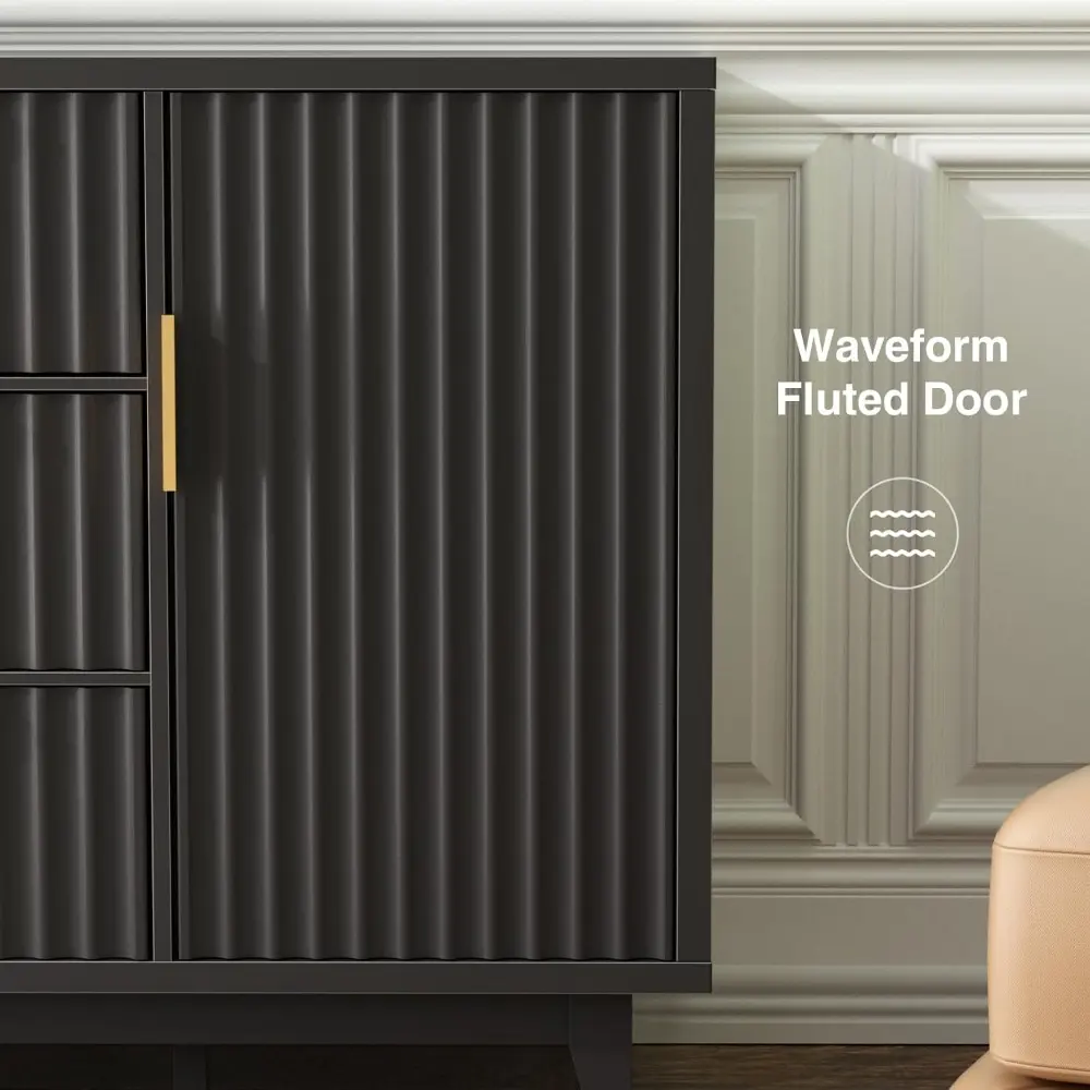 47.2" W Storage Cabinet with 3 Drawers, Fluted Buffet Cabinet with Storage, Large Sideboard with 2 Door, Modern Mid Century TV S