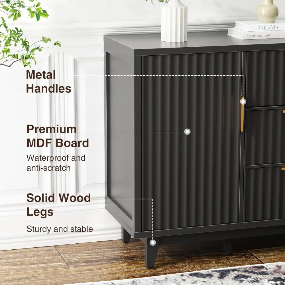 47.2" W Storage Cabinet with 3 Drawers, Fluted Buffet Cabinet with Storage, Large Sideboard with 2 Door, Modern Mid Century TV S