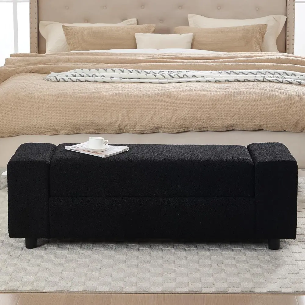 Teddy Storage Ottoman Bench for Bedroom, Comfy Boucle End of Bed Bench with Large Hidden Storgae Space, 55 inches Window Bench f