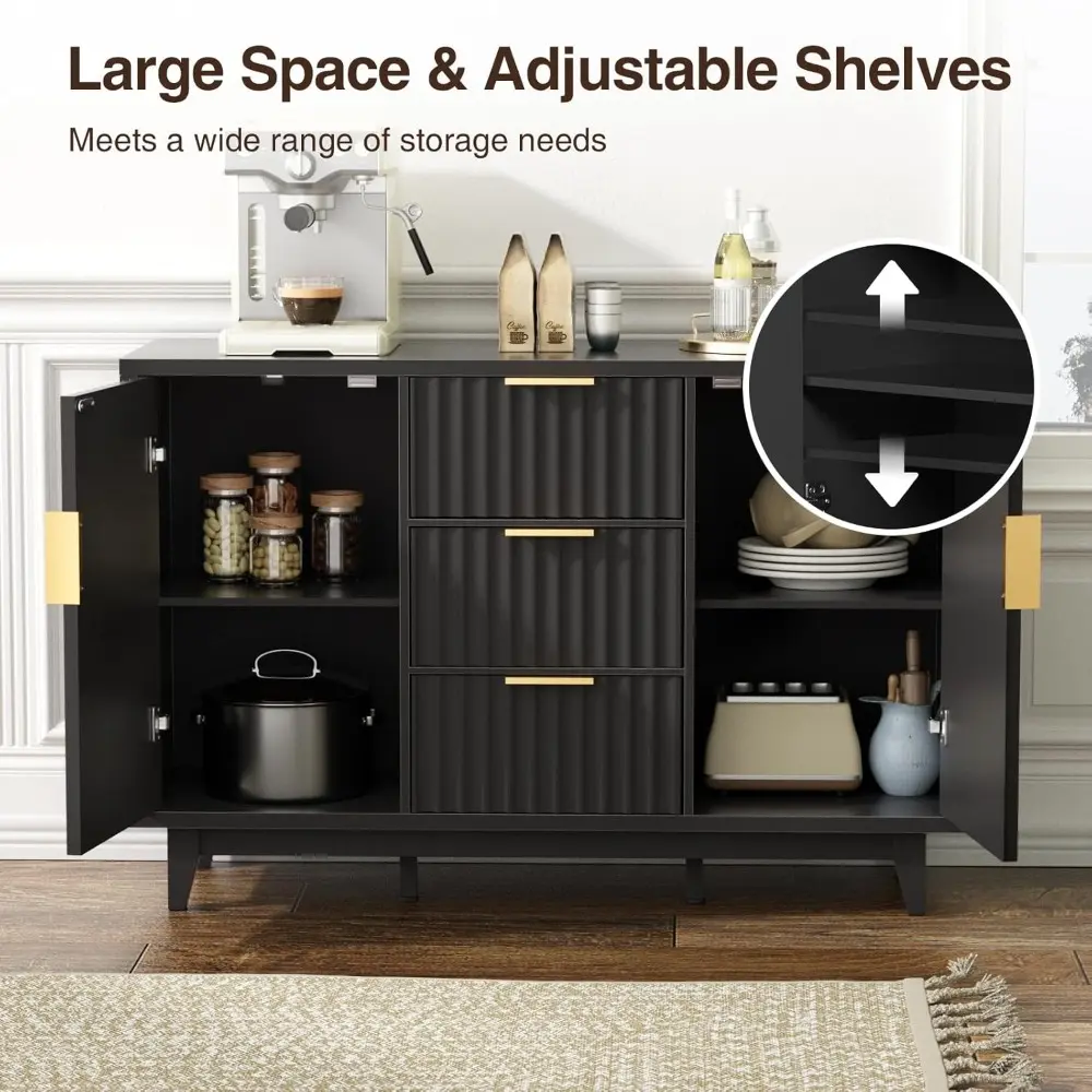 47.2" W Storage Cabinet with 3 Drawers, Fluted Buffet Cabinet with Storage, Large Sideboard with 2 Door, Modern Mid Century TV S