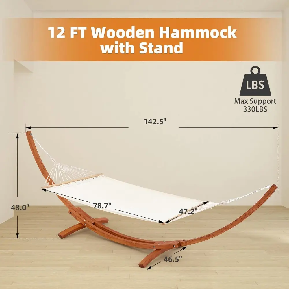 12 FT Wooden Hammock with Stand for Single Person, Weather-Resistant, Certified Sustainable Hammock Bed for Backyard, Balcony,
