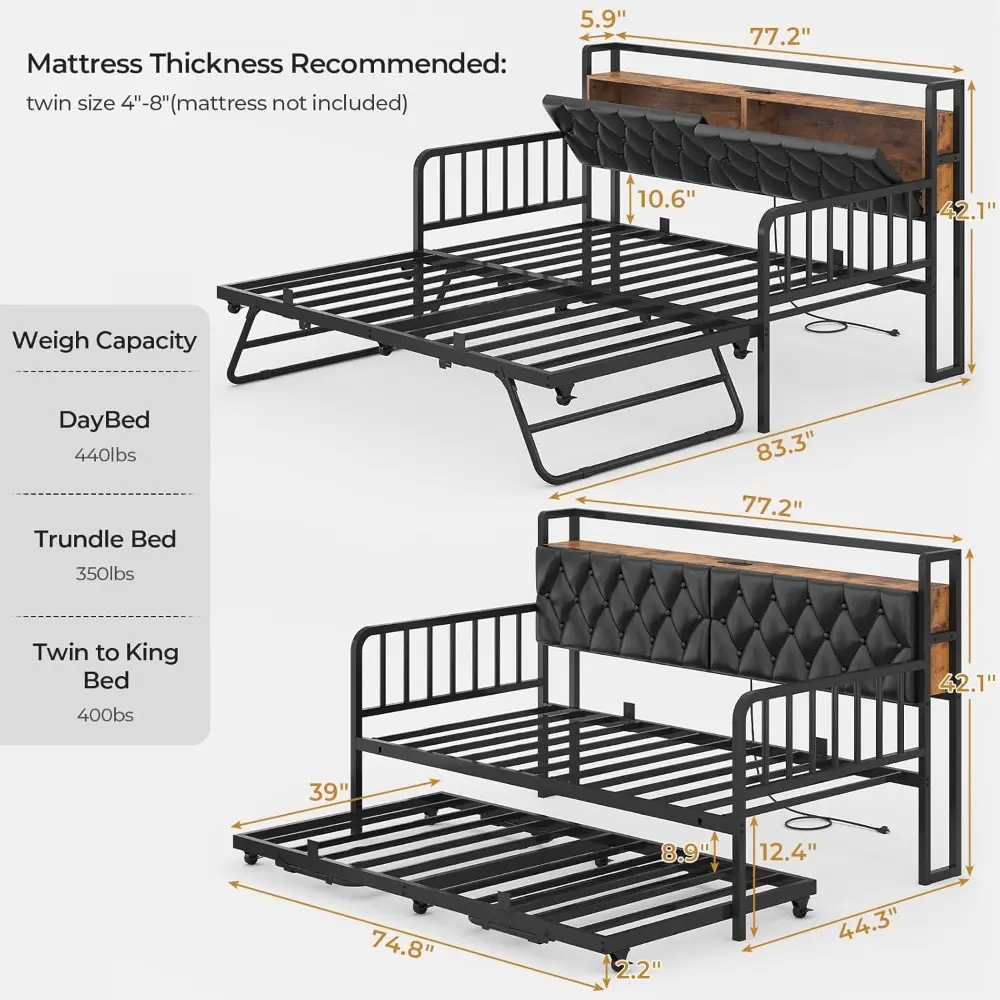ADORNEVE Daybed with Trundle, Twin to King Daybed with Charging Station & LED Lights, Metal Trundle Bed Twin with Hidden Storage