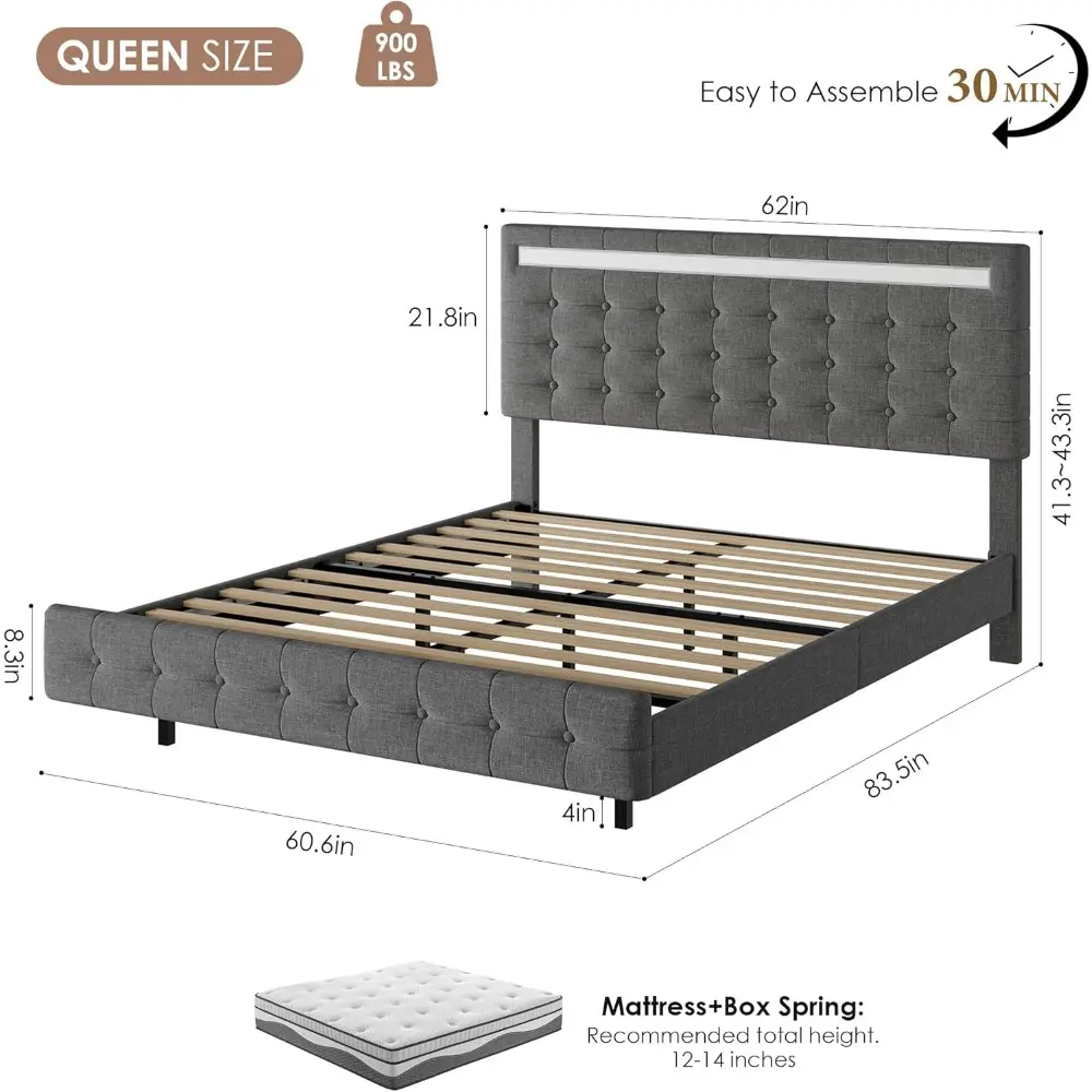 HIFIT Upholstered Floating Queen LED Bed Frame with Adjustable Button-tufted Headboard, Modern Fabric Queen Size Floating Platfo