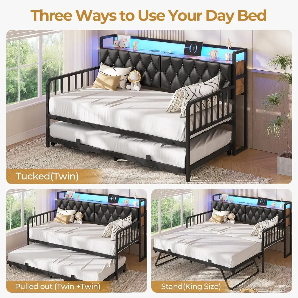 ADORNEVE Daybed with Trundle, Twin to King Daybed with Charging Station & LED Lights, Metal Trundle Bed Twin with Hidden Storage
