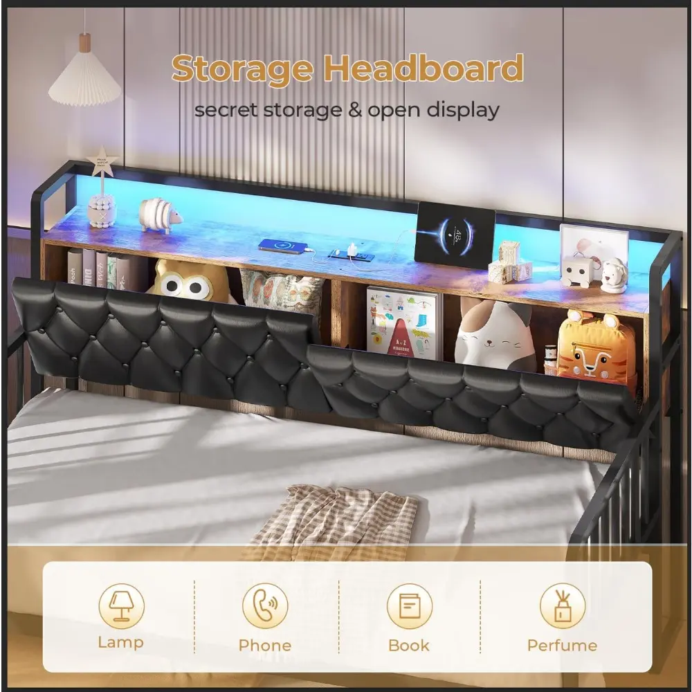 ADORNEVE Daybed with Trundle, Twin to King Daybed with Charging Station & LED Lights, Metal Trundle Bed Twin with Hidden Storage