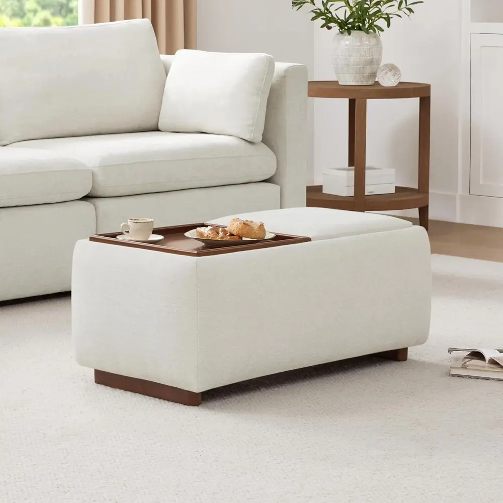 Storage Ottoman with Tray Lids, FSC Certified Small Rectangular Bench for Living Room, Bedroom, Fabric in Linen