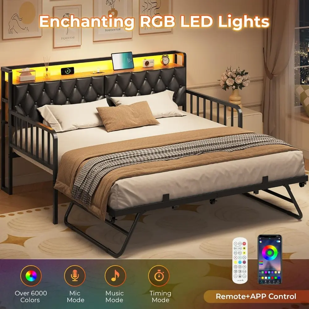ADORNEVE Daybed with Trundle, Twin to King Daybed with Charging Station & LED Lights, Metal Trundle Bed Twin with Hidden Storage