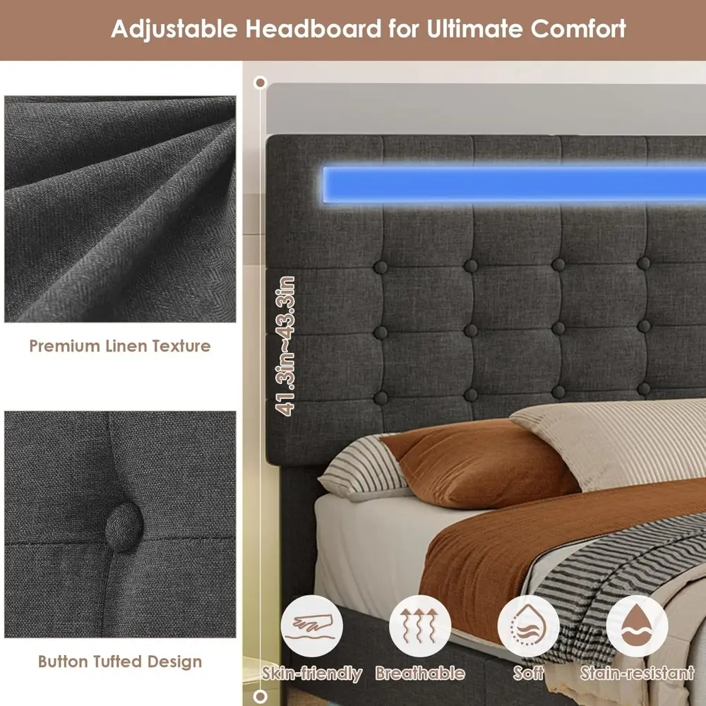 HIFIT Upholstered Floating Queen LED Bed Frame with Adjustable Button-tufted Headboard, Modern Fabric Queen Size Floating Platfo