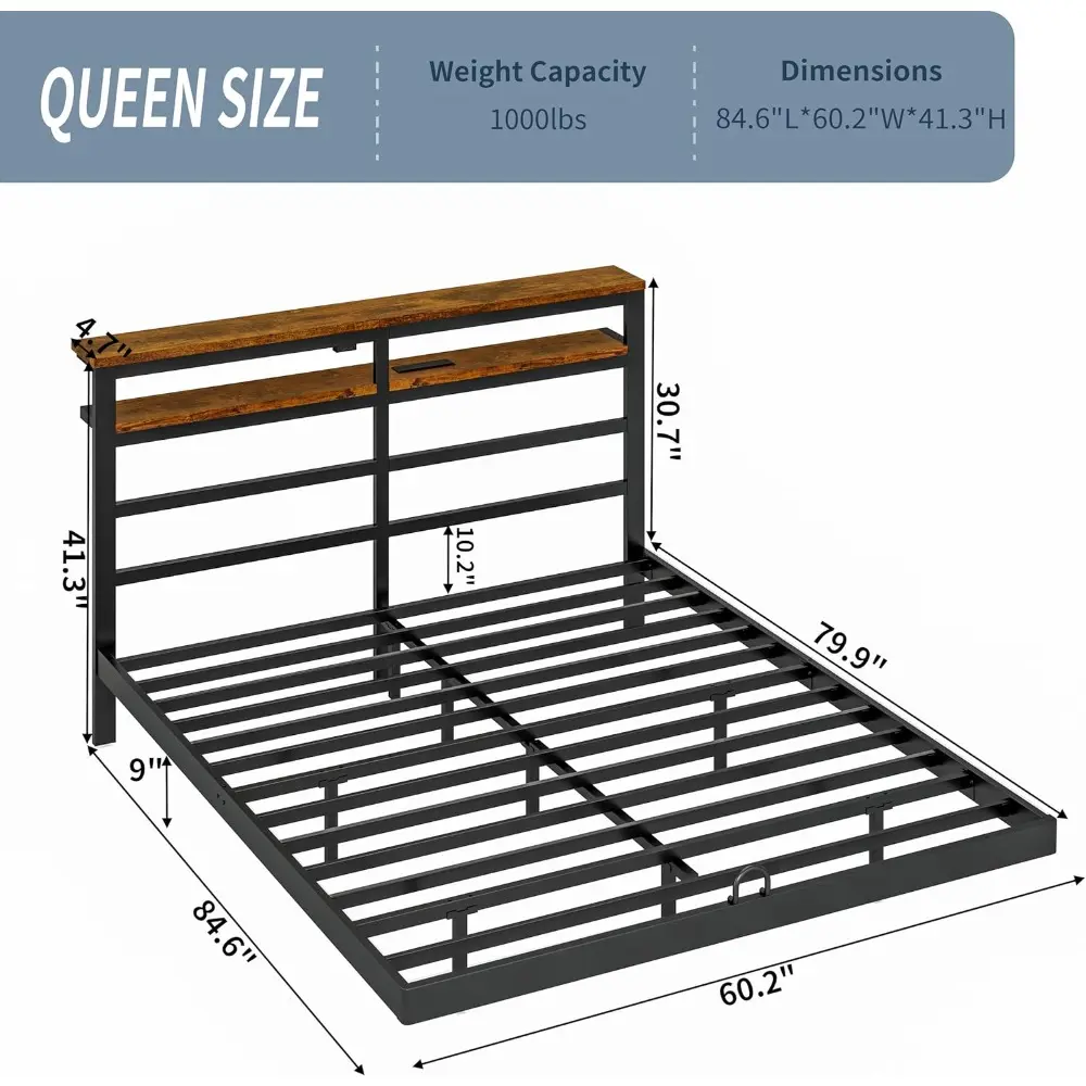 Floating Bed Frame Queen with LED Lights &USB Charging Station – Modern Platform Bed with 2 Tier Storage Headboard, Metal Slat S