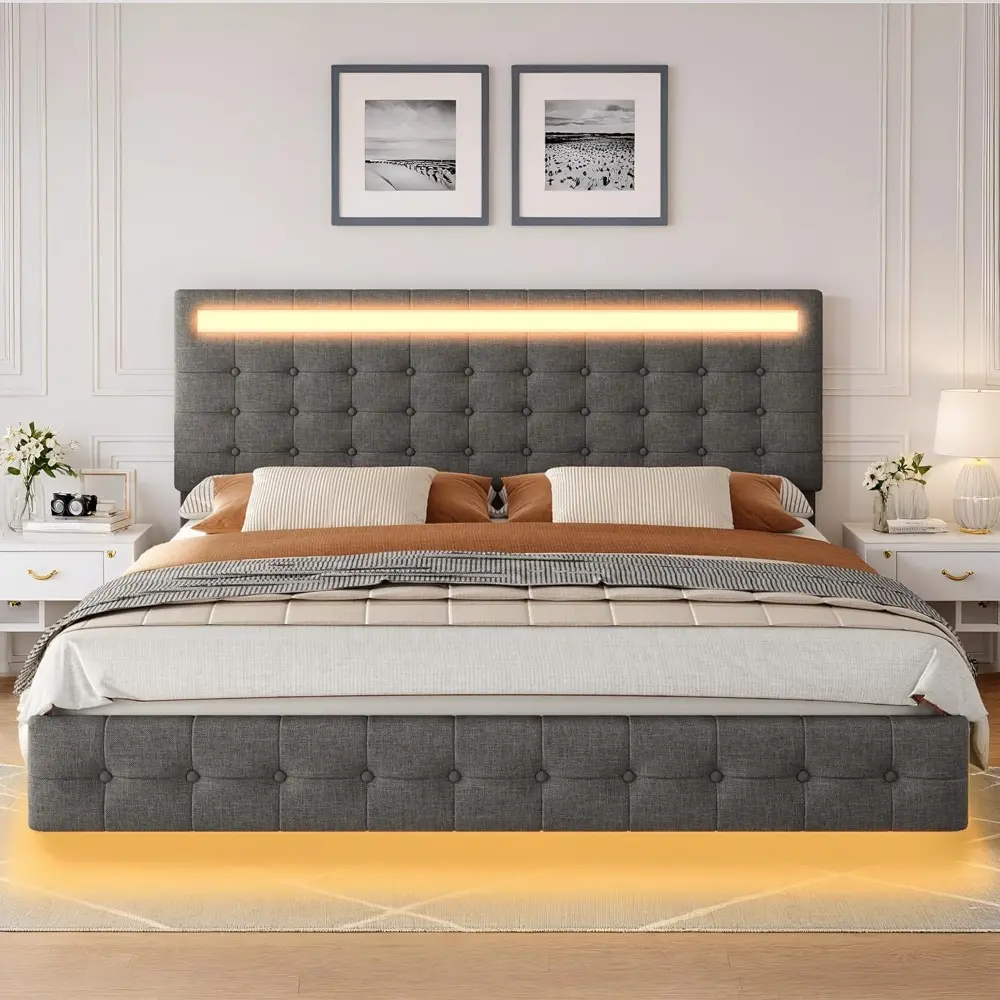HIFIT Upholstered Floating Queen LED Bed Frame with Adjustable Button-tufted Headboard, Modern Fabric Queen Size Floating Platfo
