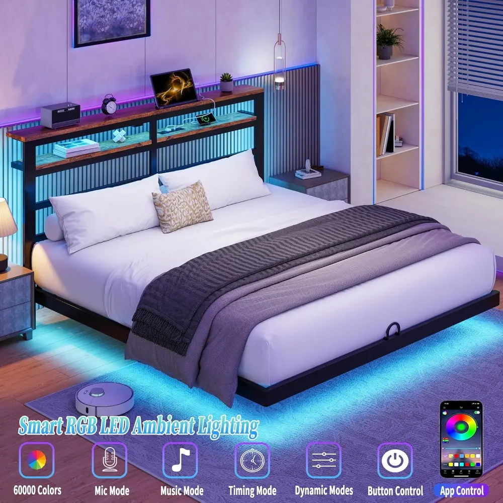 Floating Bed Frame Queen with LED Lights &USB Charging Station – Modern Platform Bed with 2 Tier Storage Headboard, Metal Slat S