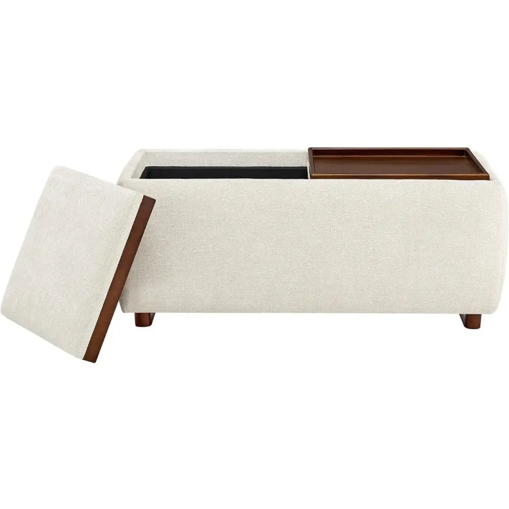 Storage Ottoman with Tray Lids, FSC Certified Small Rectangular Bench for Living Room, Bedroom, Fabric in Linen