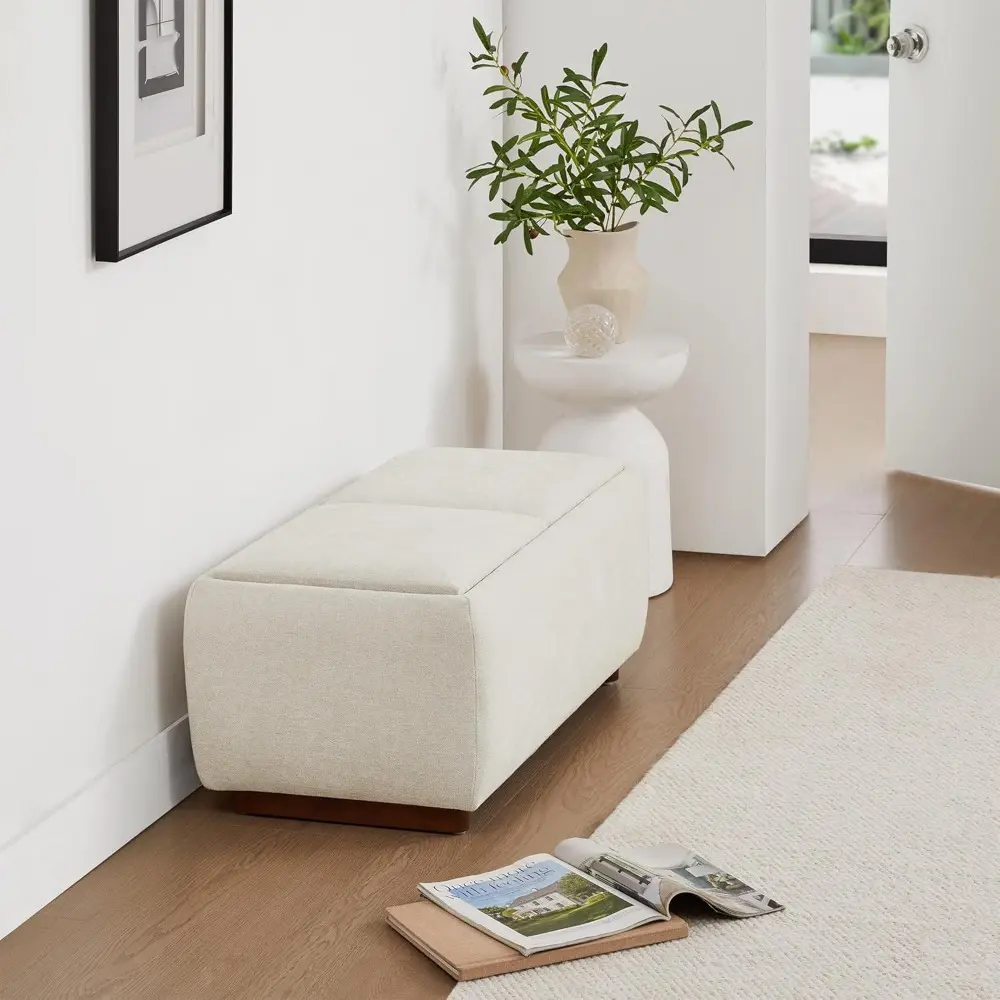 Storage Ottoman with Tray Lids, FSC Certified Small Rectangular Bench for Living Room, Bedroom, Fabric in Linen