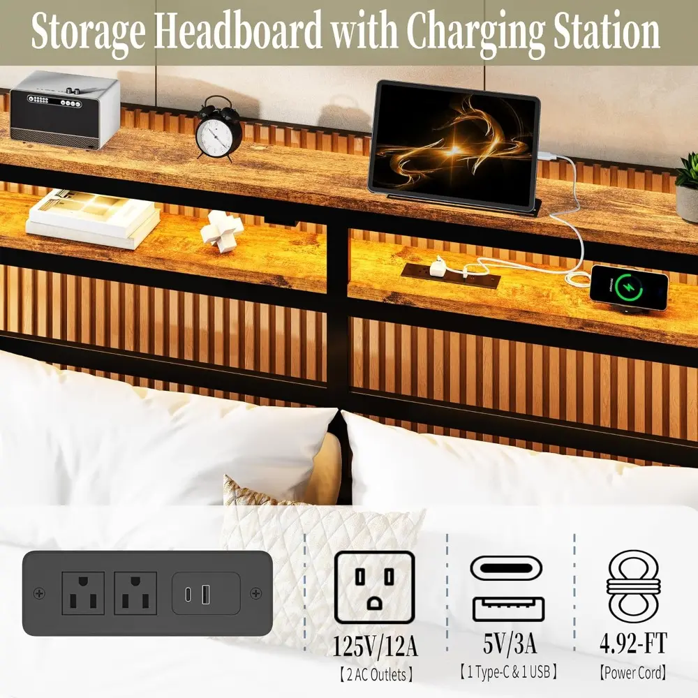 Floating Bed Frame Queen with LED Lights &USB Charging Station – Modern Platform Bed with 2 Tier Storage Headboard, Metal Slat S