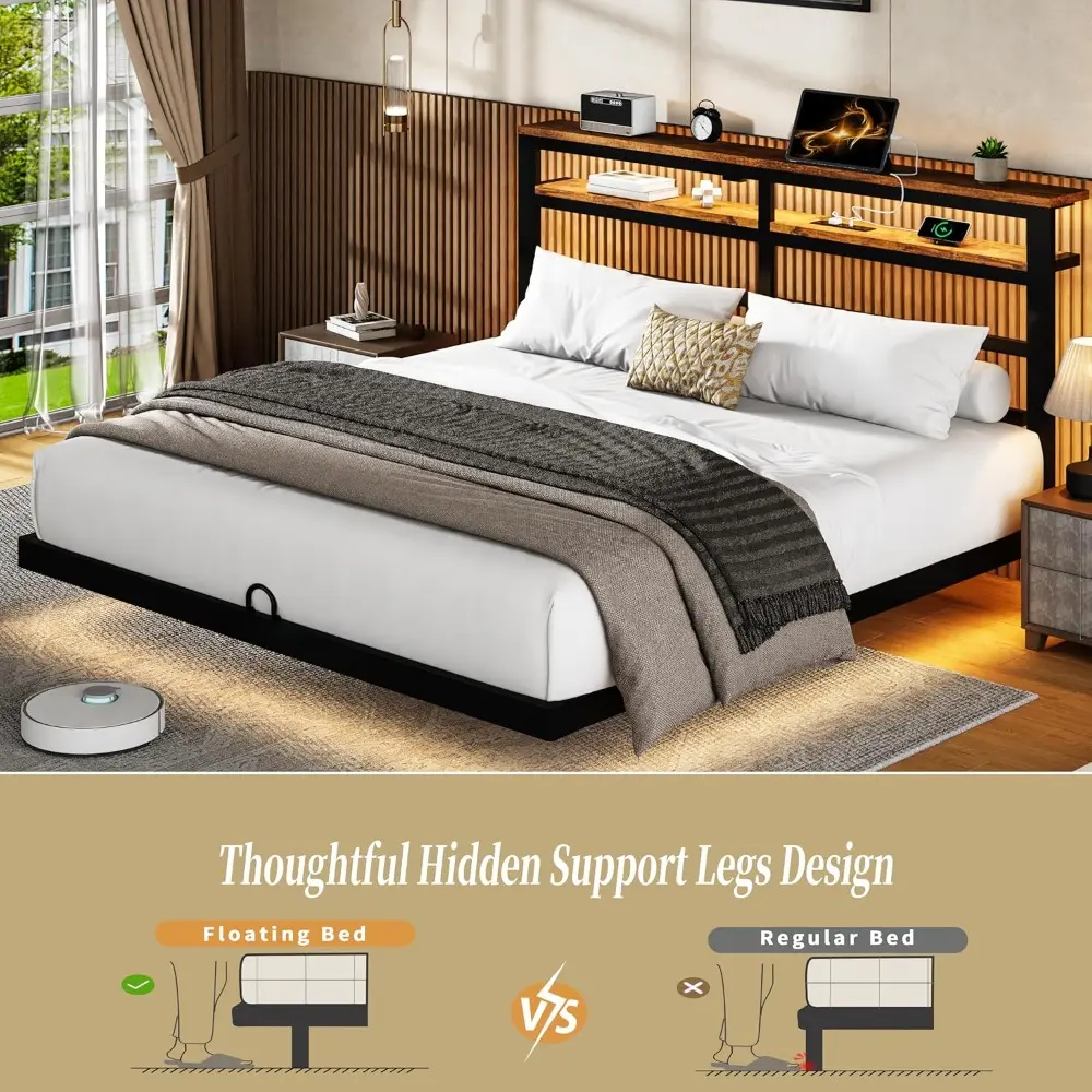 Floating Bed Frame Queen with LED Lights &USB Charging Station – Modern Platform Bed with 2 Tier Storage Headboard, Metal Slat S