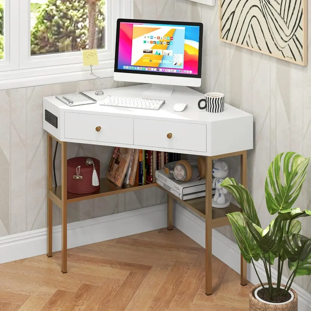 White Triangle Corner Desk with 2 Drawers & Built-in Charging Station, Small Space Computer Desk with Storage Shelves, Writing