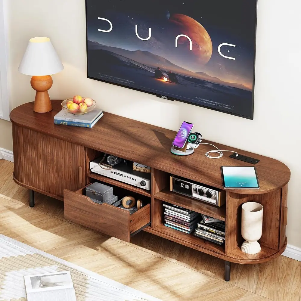 69" TV Stand with Power Outlet for TVs up to 80", Entertainment Center with Storage and Drawer, TV Console with Adjustable Shelv
