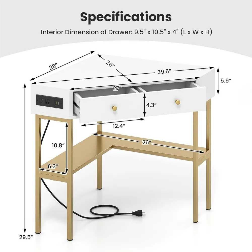 White Triangle Corner Desk with 2 Drawers & Built-in Charging Station, Small Space Computer Desk with Storage Shelves, Writing