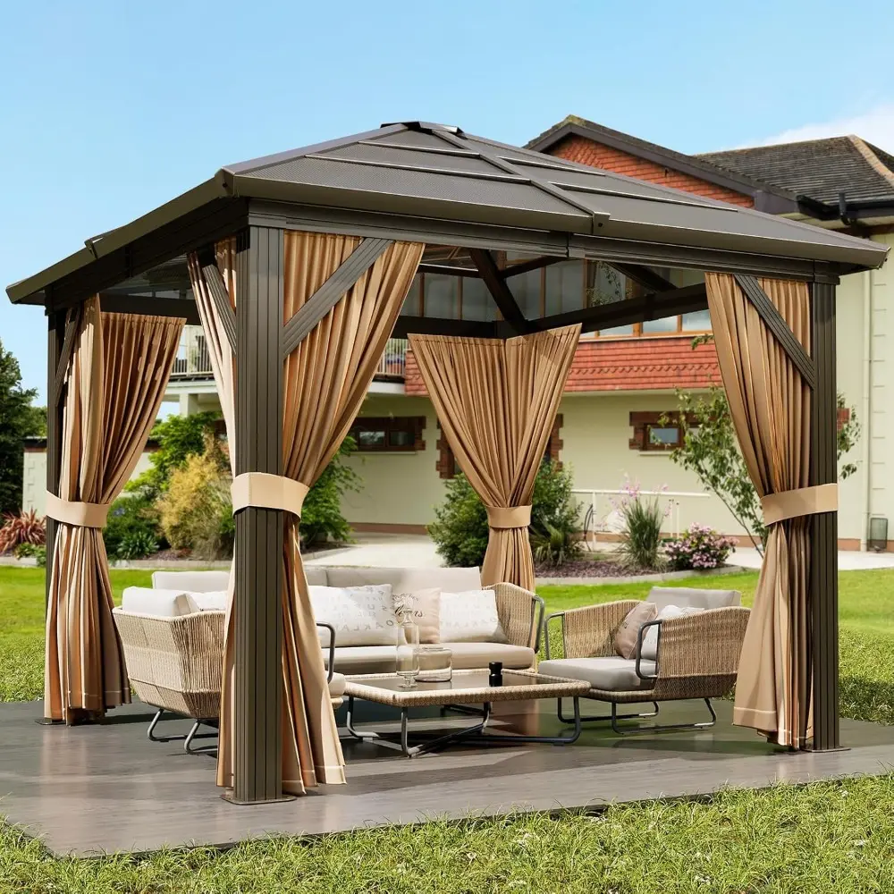 Aluminum Framed Permanent Outdoor Pavilion with Double Polycarbonate Roof, Curtains, and Netting for 10x12 Gazebo