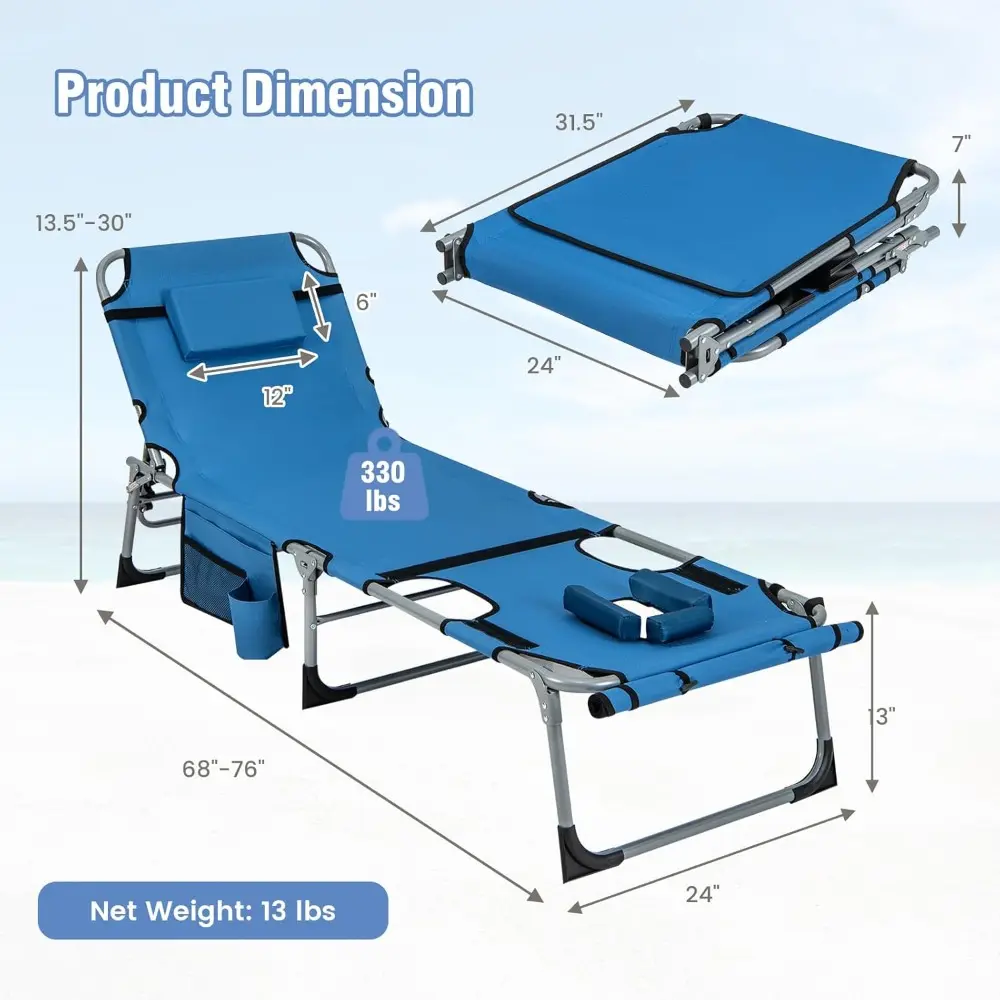 Tanning Chair, 330LBS Beach Lounge Chair with Face Arm Hole & Hand Shoulder Strap, Folding Layout Sunbathing Chair, (2, Blue)