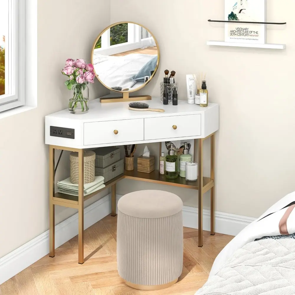 White Triangle Corner Desk with 2 Drawers & Built-in Charging Station, Small Space Computer Desk with Storage Shelves, Writing