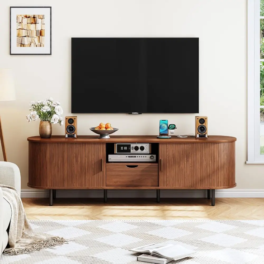 69" TV Stand with Power Outlet for TVs up to 80", Entertainment Center with Storage and Drawer, TV Console with Adjustable Shelv