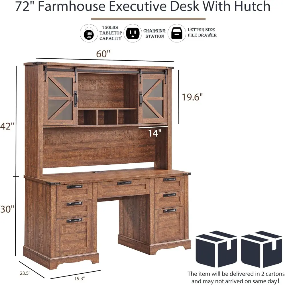 60" Farmhouse Desk with Hutch, Wood Home Office Executive Desk with Drawer, Charging Station, Keyboard Tray, File Drawer, Stora