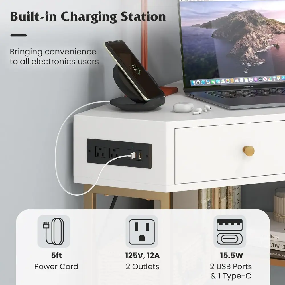 White Triangle Corner Desk with 2 Drawers & Built-in Charging Station, Small Space Computer Desk with Storage Shelves, Writing