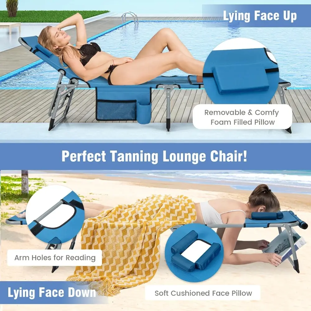 Tanning Chair, 330LBS Beach Lounge Chair with Face Arm Hole & Hand Shoulder Strap, Folding Layout Sunbathing Chair, (2, Blue)