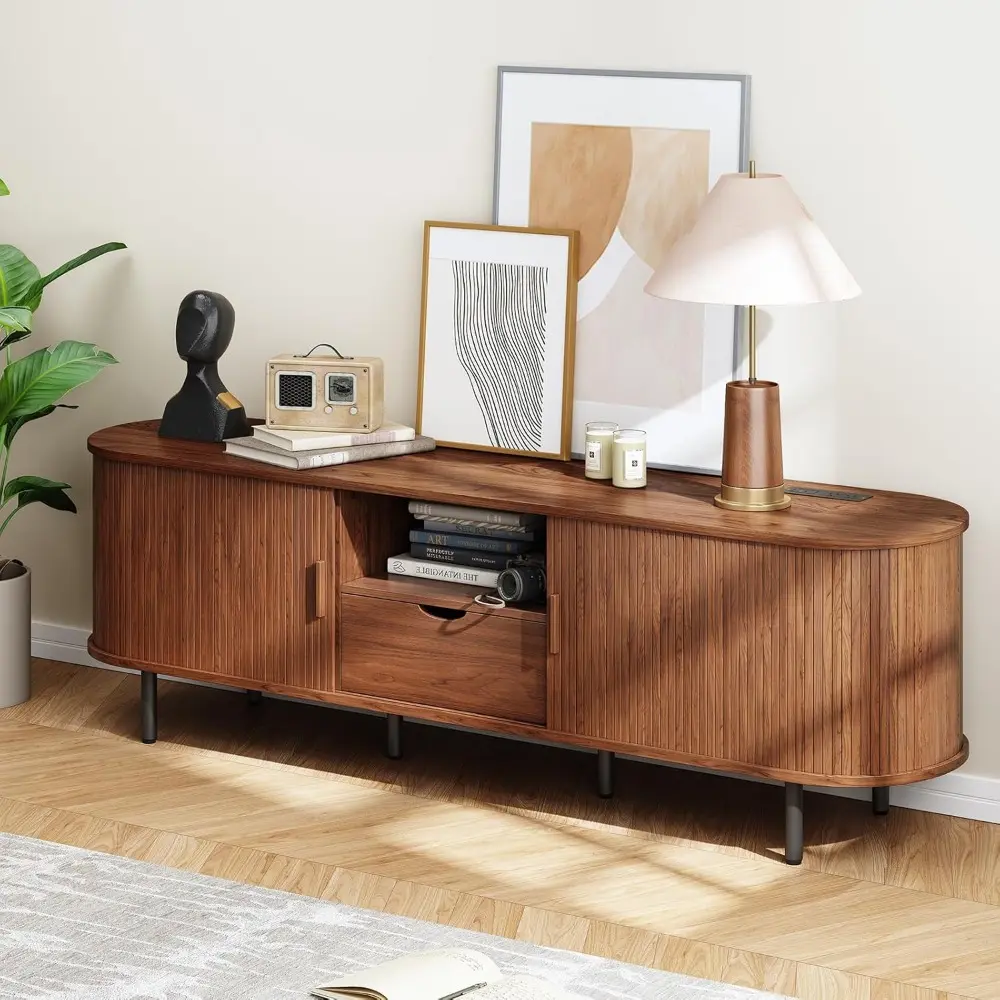 69" TV Stand with Power Outlet for TVs up to 80", Entertainment Center with Storage and Drawer, TV Console with Adjustable Shelv