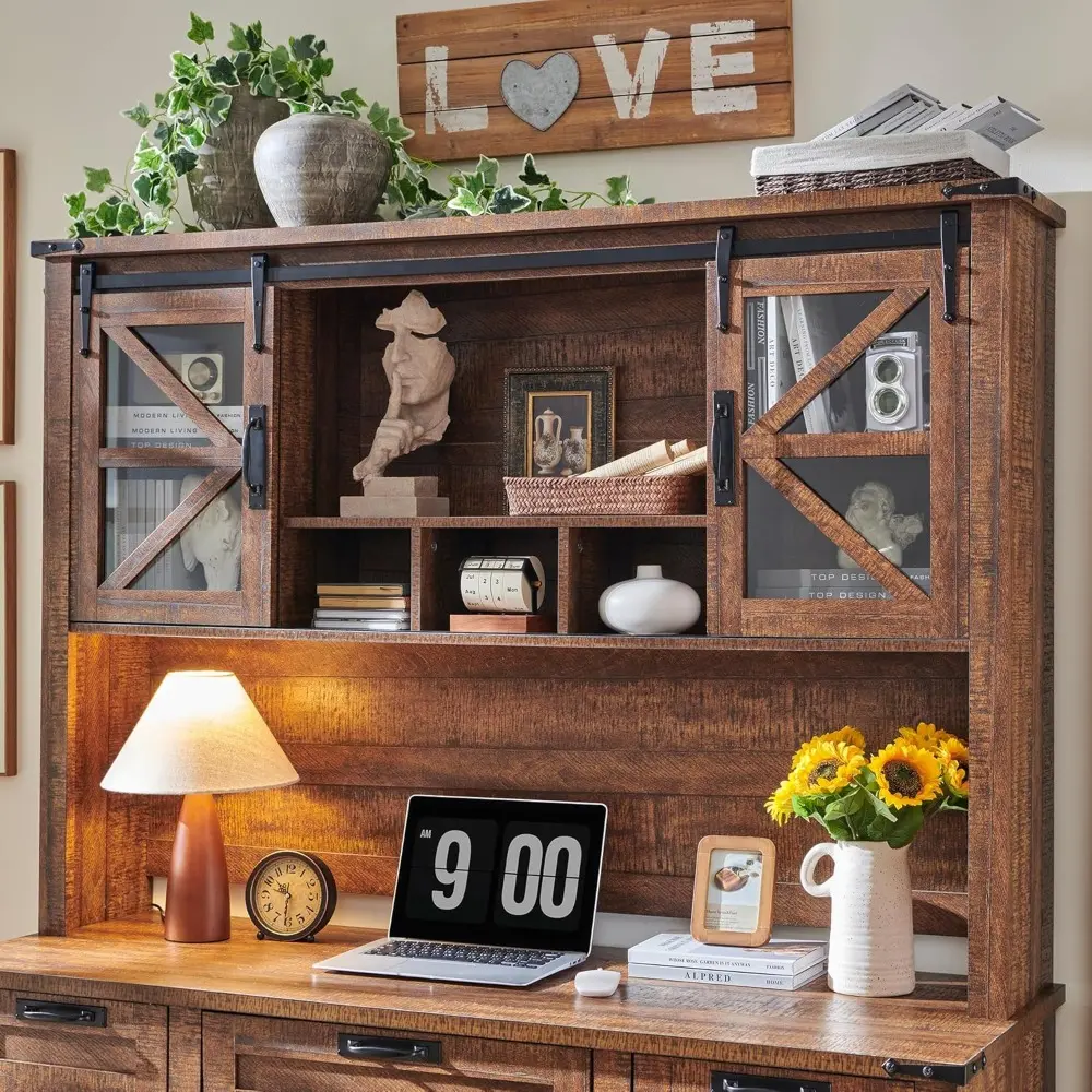 60" Farmhouse Desk with Hutch, Wood Home Office Executive Desk with Drawer, Charging Station, Keyboard Tray, File Drawer, Stora