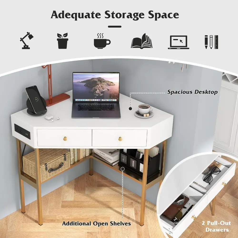 White Triangle Corner Desk with 2 Drawers & Built-in Charging Station, Small Space Computer Desk with Storage Shelves, Writing